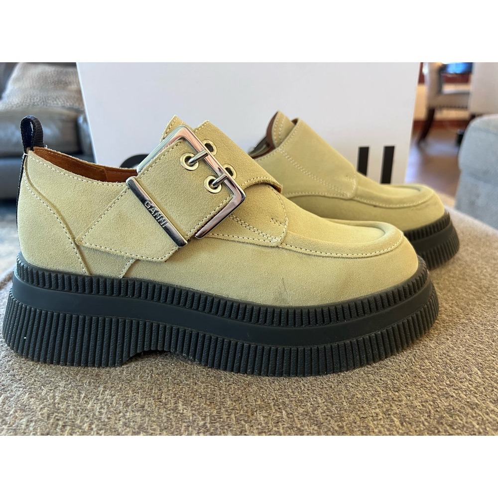 Ganni Pale Olive Suede Platform Monk Strap Loafers